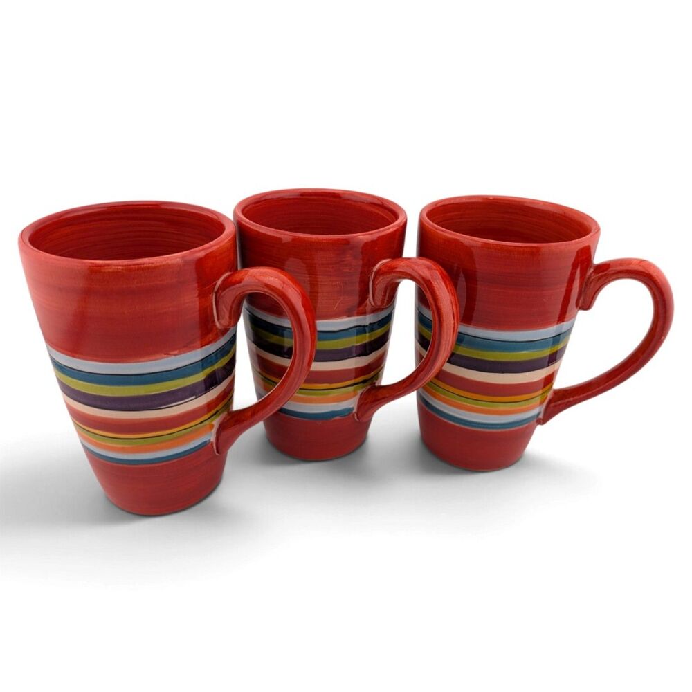 Tabletops Gallery Water Color Red Mugs Set of 3 Hand Painted Striped Ceramic
